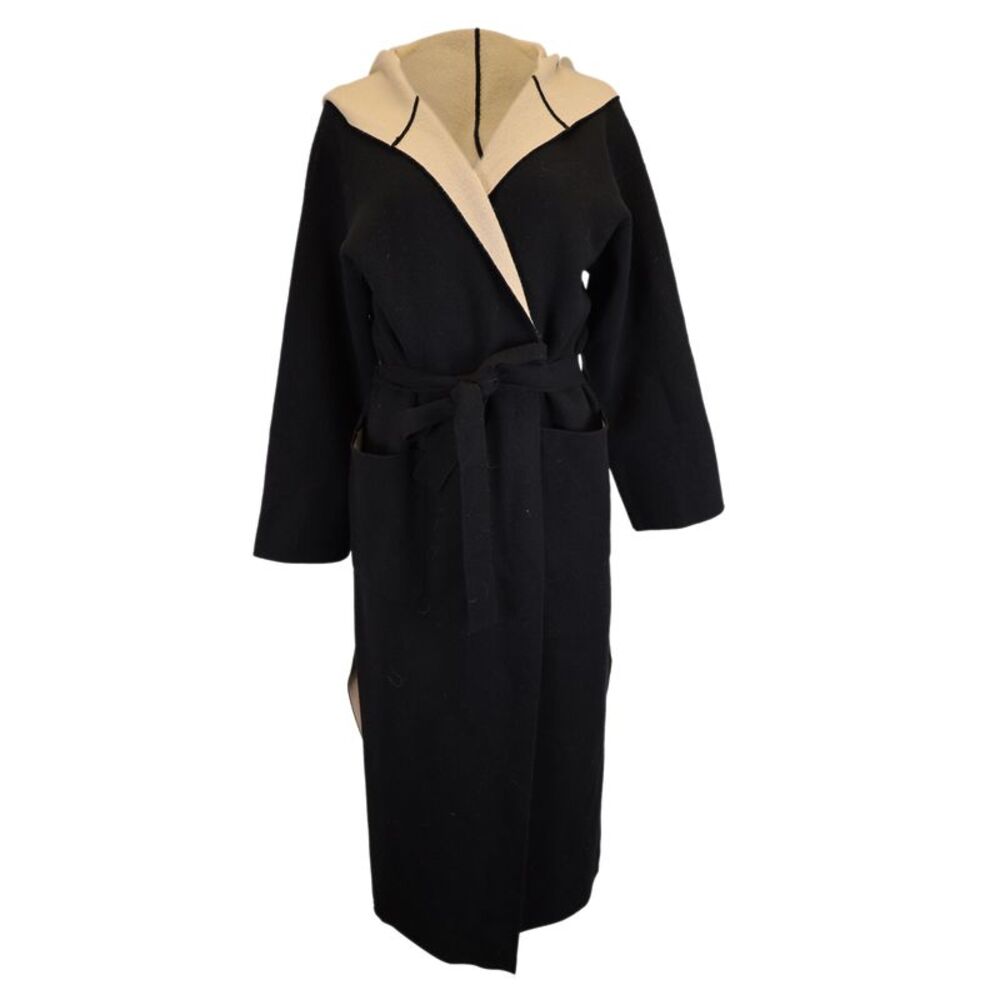 Max Mara Pavidi Long Hooded Wrap Coat in Black and Nude Wool